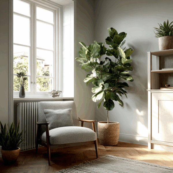 Ficus Lyrata krukväxt med stora gröna blad i modern inredningsstil